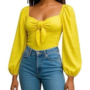 Express Neon Yellow Tie Front Bodysuit Balloon Sleeve Textured‎ Satin Size XS